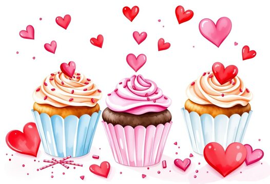 Whimsical watercolor cupcakes, hearts, sprinkles, and romantic kitchen details for Valentine's Day, art, texture