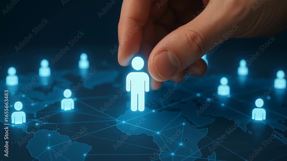 Poster human icon global network inventory system concept with hand selecting person on digital map represe