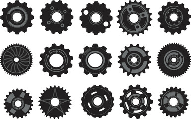 Collection of black mechanical gears, vector cogwheel icons, rotating machine parts, industrial gear elements, engineering components, isolated on white background