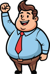 Happy cartoon businessman character, raising fist in celebration, office attire, red tie, successful pose, vector illustration for business, marketing, and presentations