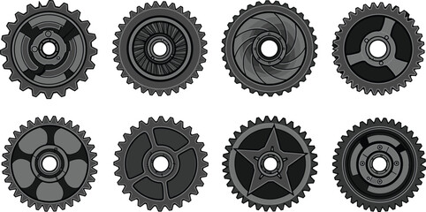 Collection of black industrial gears, mechanical cogwheels, rotating gear parts, engineering components, vector illustration, machine elements, isolated on white background