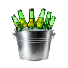 A smooth, ice-filled bucket with beer bottles against a white background. -