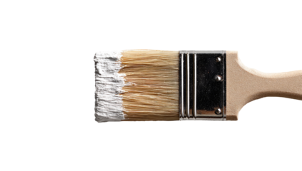 Close-up of a paintbrush with white paint.  The brush bristles are visible, tipped with a substantial amount of white paint.  A light beige wooden handle and metallic ferrule are also seen