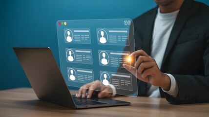 Recruitment and candidate selection concept. Businessman interacts with digital interface with multiple candidate profiles on laptop. Represents online recruitment, HR technology, hiring process,