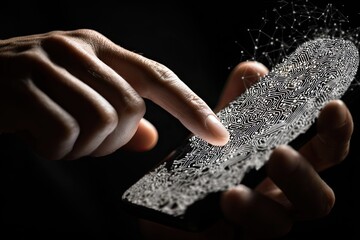 Close-up of hands interacting with a smartphone displaying a complex, digital fingerprint pattern overlay