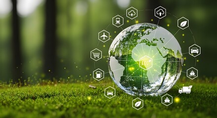 Eco friendly sustainable earth globe with green energy icons for environment protection