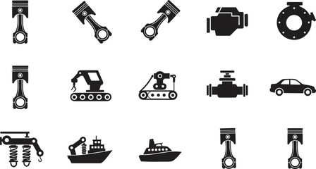 Industrial machinery icons set, piston engine parts, car silhouette, robotic arm conveyor, valve, ship, mechanical equipment, factory technology, automotive components