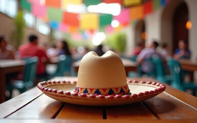 Traditional peruvian hat resting on a wooden table during independence day festivities, with colorful decorations and blurred background suggesting a vibrant celebration. High quality