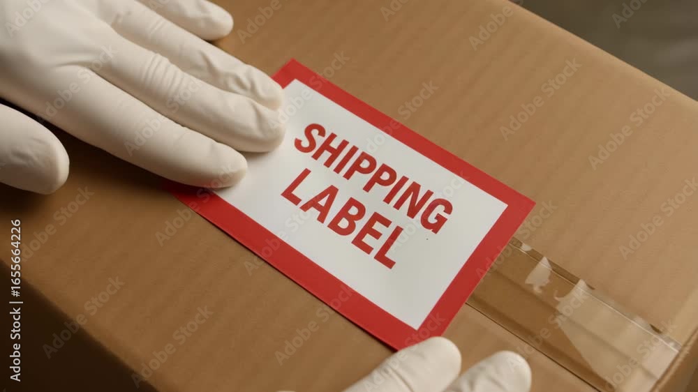 Poster shipping label on cardboard box with gloves handling packaging hands showing global inventory system