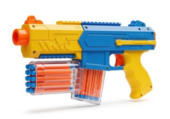 Naklejka premium Photo of toy foam dart gun with orange bullets isolated on white background