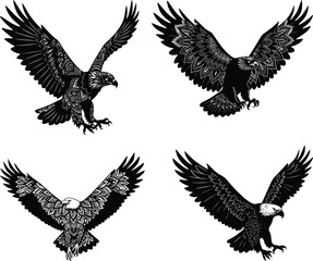 Bald Eagle Silhouette in Flight, Powerful Bird Vector, Flying Eagle Silhouette Design for Patriotic Themes