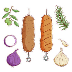 set of skewer barbeque with onion, tomato and paprika