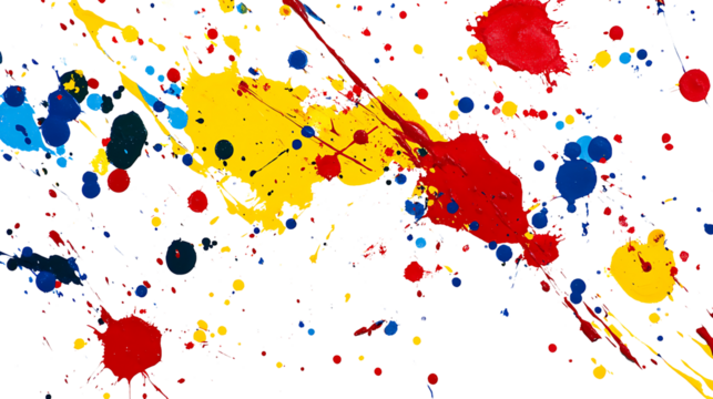 Artistic expression with bright paint splatters on transparent backdrop suitable for dynamic illustrations, branding, and creative media