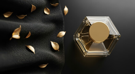 Luxurious golden black garlic cloves scattered beside a gleaming hexagonal packaging design