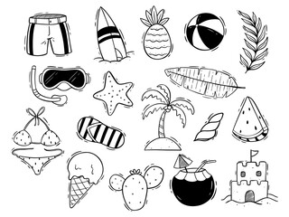 hand drawn summer elements vector illustration. doodle beach icons 