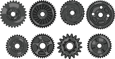 Set of industrial gear wheels, mechanical cogwheel icons, vector illustration, engineering parts for machinery, manufacturing, automotive, and mechanical system designs.