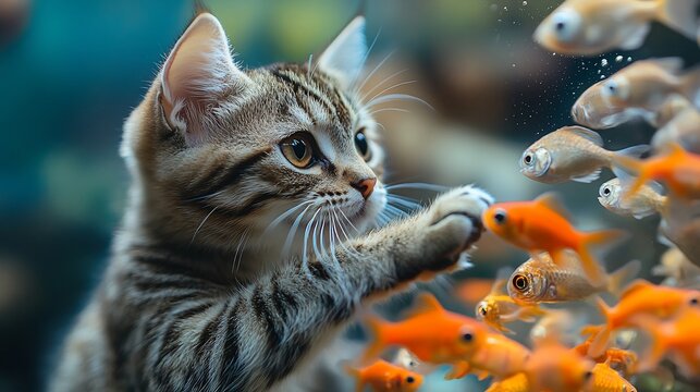 Curious tabby cat reaches towards goldfish in aquarium, showcasing playful interaction and vibrant underwater world - Powered by Adobe