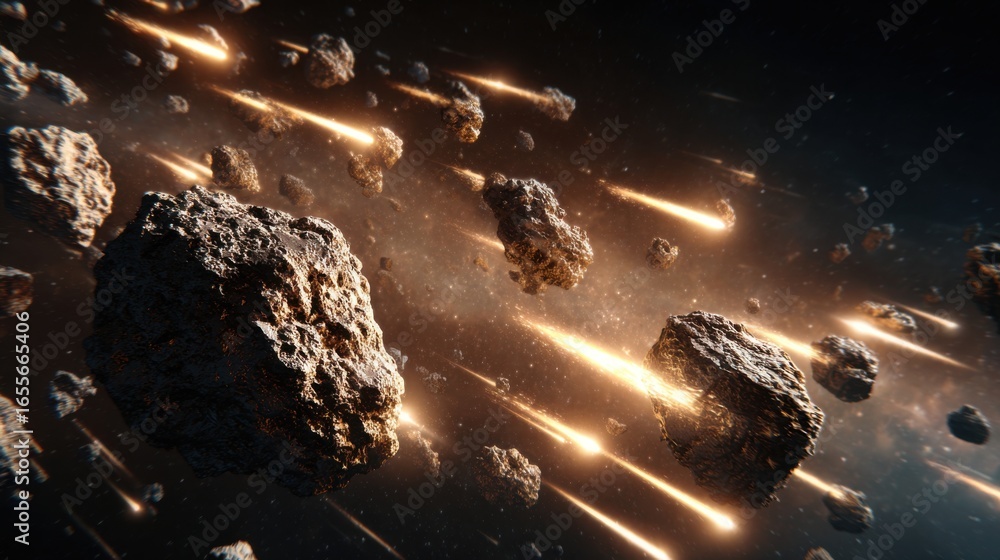 Poster a dynamic cosmic event shows numerous asteroids and meteors moving through space, leaving trails of 