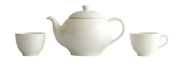 Minimalist tea set composition featuring a sleek teapot and stylish cups on a transparent background for creative displays