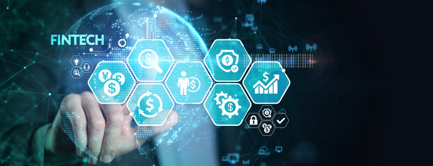 Fintech Financial technology Cryptocurrency investment and digital money. Business concept on virtual screen.