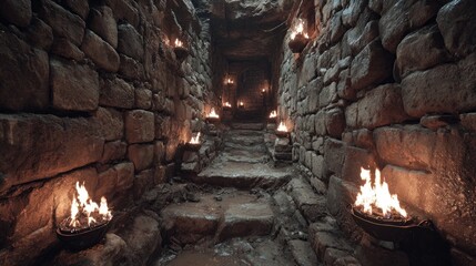 Ancient stone tunnel with flickering flames