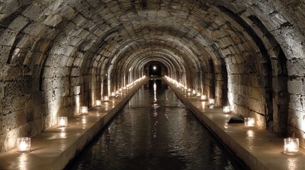 Fototapeta premium Ancient stone tunnel, water canal, lit by candles