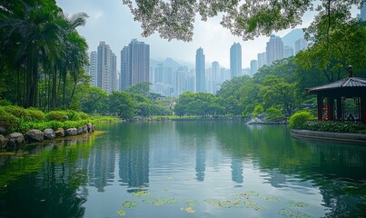 Serene city park scene, devoid of people, symbolizing the importance of urban green spaces as tranquil oases amidst the hustle and bustle of city life, Generative AI