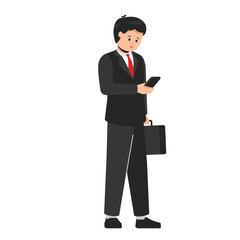 A businessman wearing black suit with a phone walking isolated. netizens concept