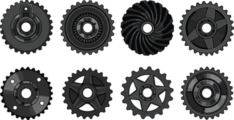 Set of industrial mechanical gears, machine sprockets, rotating wheel components, black gear icons, precision parts, isolated vector illustration