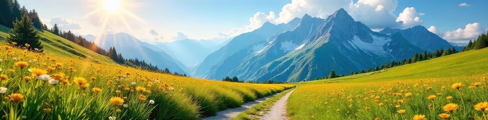 Fototapeta premium A sun-drenched path winds through a vibrant meadow, leading towards a majestic, cloud-kissed mountain range; a breathtaking vista suggesting a journey to paradise , adventure, path, travel