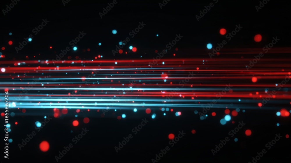 Poster bright, radiant lines in red and blue streak across a dark background, resembling a modern abstract 