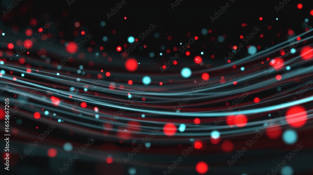 Poster vibrant particles in red and blue float through a dark background, creating an abstract scene. curve