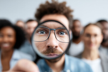 Man standing out from the crowd after looking closely with a magnifying glass