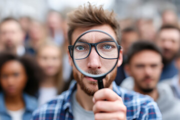 Man standing out from the crowd after looking closely with a magnifying glass
