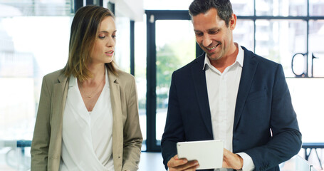 Businessman, woman and happy with tablet, planning and feedback with risk assessment app at company. People, team and tech with smile, discussion and review for collaboration at insurance agency