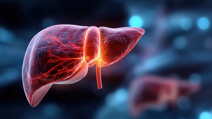 Obraz premium This depiction illustrates a human liver with emphasis on its vascular network and tissue details. The image provides a clear view of the organ's structure, highlighting its importance.