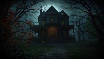 Creepy Haunted Mansion on a Foggy Full Moon Night