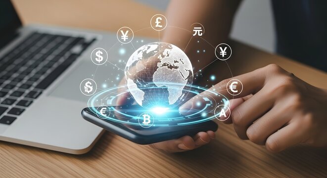 Global finance and currency exchange on mobile phone concept for international business use