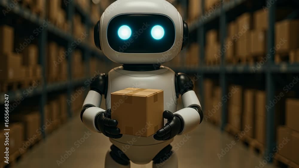 Poster robot holding cardboard box warehouse showcasing global inventory technology and automation for effi