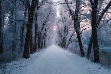 Obraz premium Frosty trees line a snow-covered path in a winter forest.