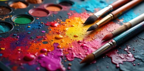 Obraz premium Vibrant Artists Palette Oil Paints and Brushes Ready for Creative Work