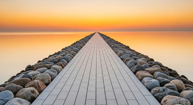 Walkway towards serene sunset over calm ocean horizon