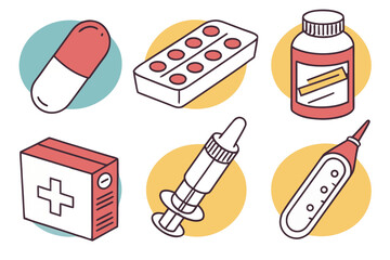 Assortment of medical items, such as pills, a first aid box, and a thermometer