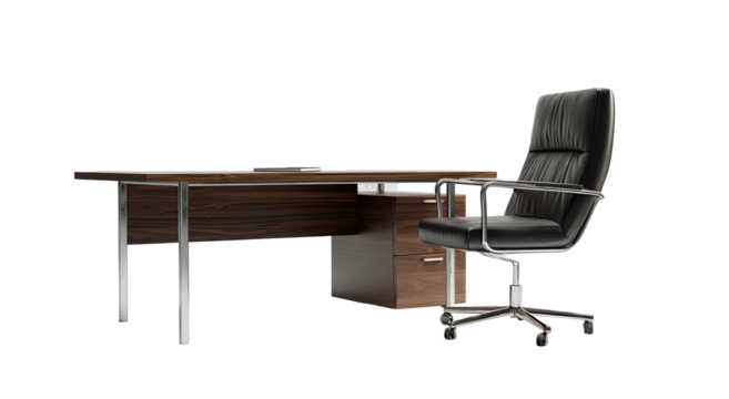 Dark wood desk and black chair, modern office setup