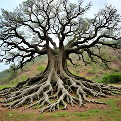Ancient tree with roots spreading wide across a hillside.