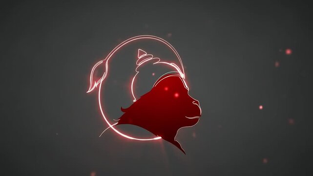 A stylized, glowing red profile of the Hindu monkey god Hanuman with a crown and radiant eyes.
