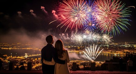 Couple Watching Fireworks Over City at Night.