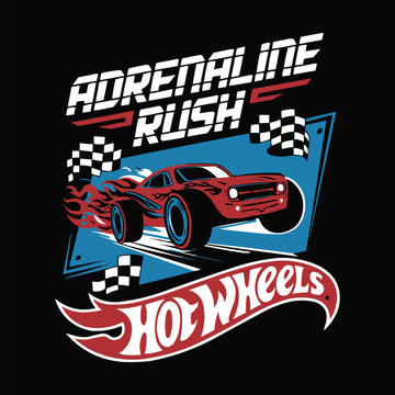 Adrenaline rush racing car illustration with flames, checkered flags, and retro typography for hot wheels inspired t shirt design and poster