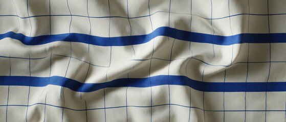 Textured cream-colored fabric with a grid pattern and horizontal blue stripes