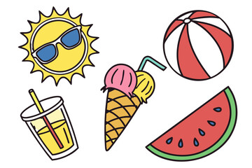 Summer vacation icons with sun wearing sunglasses, ice cream, watermelon, and beach ball